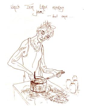 a drawing of Uncle Tom making jam